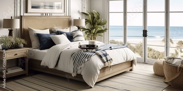 Fototapeta A beachy Nautical Bedroom with a natural sisal rug, rope-wrapped lamps, and a bold stripe duvet cover for a laid-back coastal vibe, generative ai