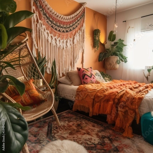 Fototapeta A colorful Boho Chic Bedroom filled with macrame plant hangers and a cozy fringe hammock chair, generative ai