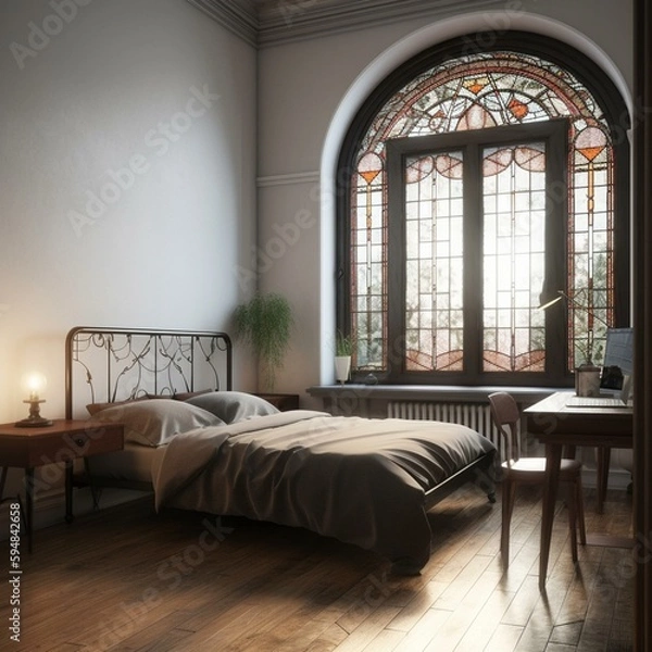 Fototapeta A minimalist Art Nouveau Bedroom furnished with a sleek metal bed frame, a streamlined desk, and a solitary stained glass window casting soft light onto the room, generative ai
