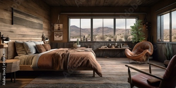Fototapeta A cozy cabin-style Southwestern Bedroom with a leather armchair and a stacked wood accent wall, generative ai
