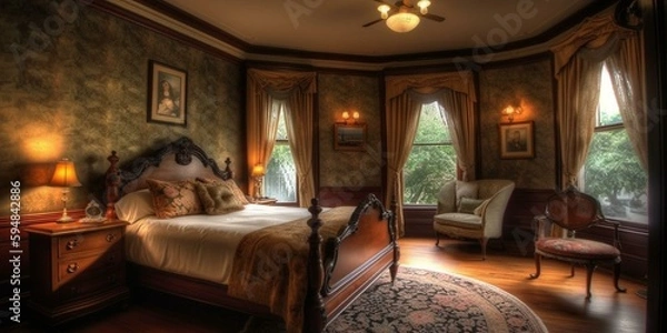 Fototapeta A romantic Victorian bedroom with a tufted headboard and cascading tassels, generative ai