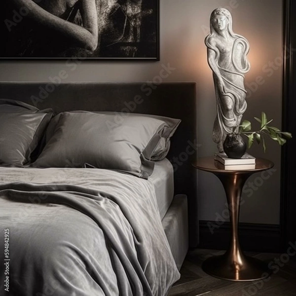 Fototapeta A minimalist Art Nouveau Bedroom with simple velvet bedding, silk pillows, and a polished silver table lamp that brings modern flair, generative ai