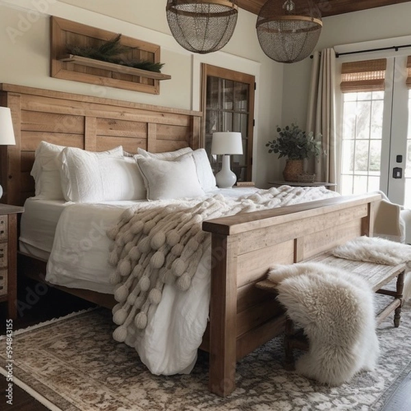 Fototapeta A Traditional Farmhouse Bedroom showcasing a wooden bedframe with chicken wire insets, a burlap drum pendant light, and a cozy woven throw blanket, generative ai