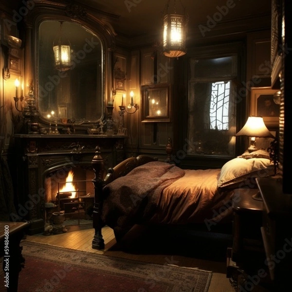 Fototapeta A warm Gothic Bedroom with a cozy fireplace, antique mirrors and dim lighting, generative ai