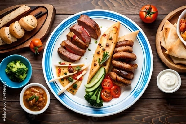 Fototapeta Family-Style Mediterranean Meal grilled meat with vegetables. Generative AI
