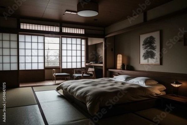 Fototapeta A contemporary Japanese Bedroom with a mix of vintage and modern furnishings, generative ai