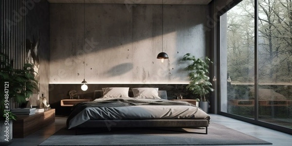 Fototapeta A modern Bedroom with a sleek metal platform bed, a concrete accent wall, and a minimalist pendant light, generative ai