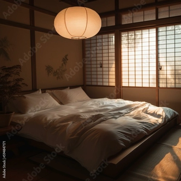 Fototapeta A traditional Japanese Bedroom with all-white silken bedding, tatami mats, and soft lighting, generative ai