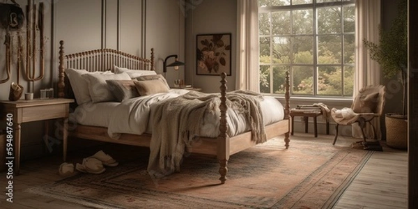 Fototapeta A rustic, yet elegant Cottagecore bedroom featuring a spindle bed frame, a vintage floral rug, and muted, earthy tones throughout the space, generative ai