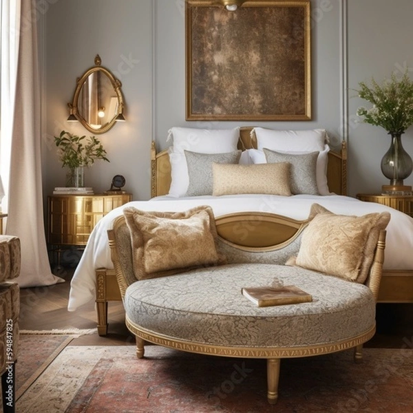 Fototapeta A charming bedroom with a cozy seating area and brocade accent pillows complementing the brass accents, generative ai