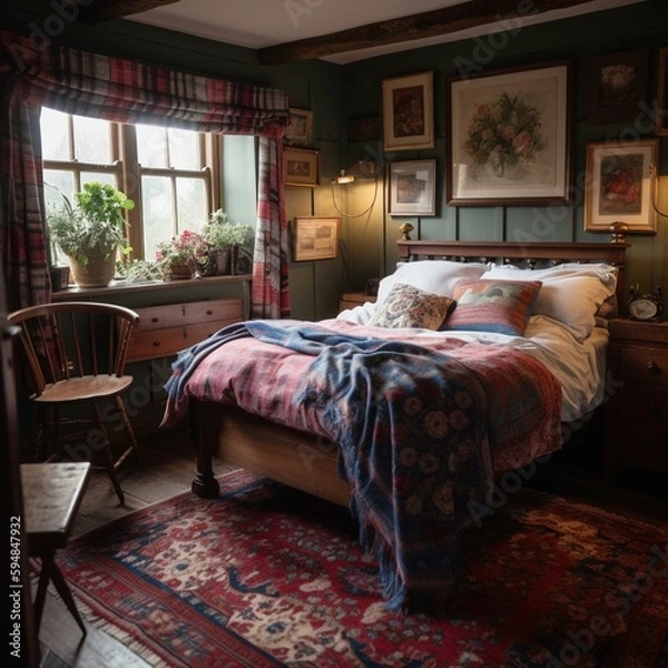 Fototapeta A rustic English bedroom with a plaid wool throw and floral rug, generative ai