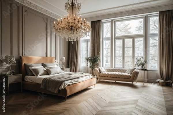 Fototapeta A luxurious and extravagant bedroom featuring a statement-making chandelier and an abundance of natural light, all set against a warm, neutral backdrop, generative ai