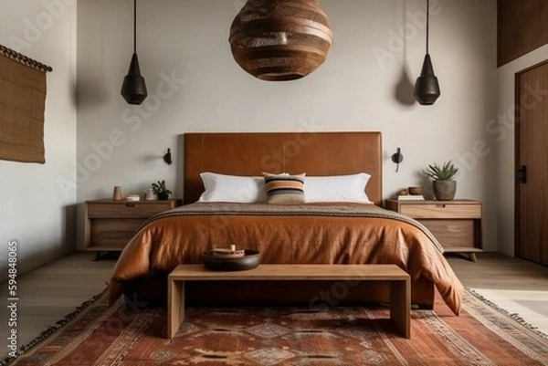 Fototapeta A minimalist Southwestern Bedroom with a leather headboard, simple wood nightstands and a striking pendant light, generative ai