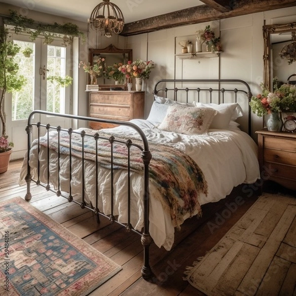 Fototapeta A charming French Country Bedroom with a vintage iron bed, floral accents, and rustic wooden floorboards, generative ai