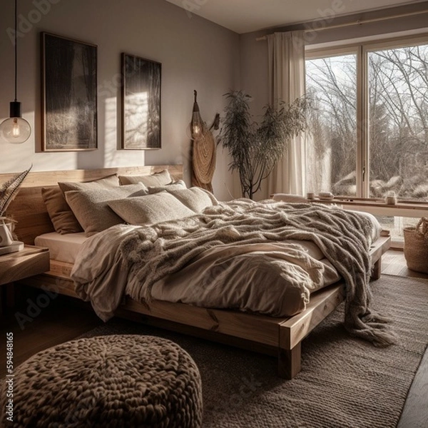 Fototapeta A cozy Scandinavian Bedroom filled with natural textures and warm lighting, generative ai