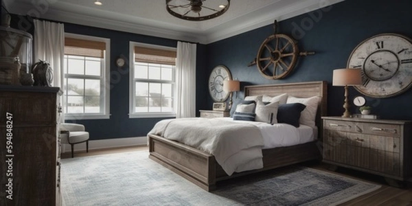 Fototapeta A serene Nautical Bedroom with navy blue walls, weathered wood ceiling beams, a seaside-inspired area rug, and a ships wheel wall clock, generative ai