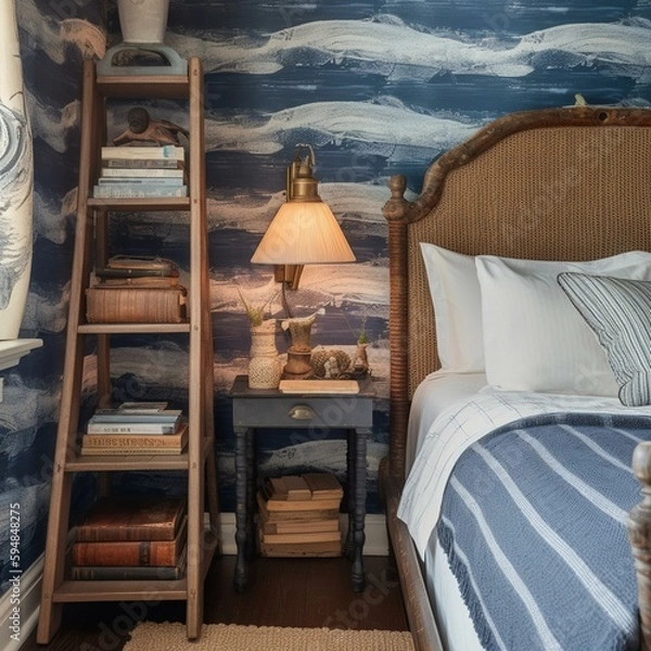 Fototapeta A whimsical Nautical Bedroom with a blue and white striped wallpaper, a weathered wood ladder shelf, a whale-shaped accent pillow, and a clamshell table lamp, generative ai