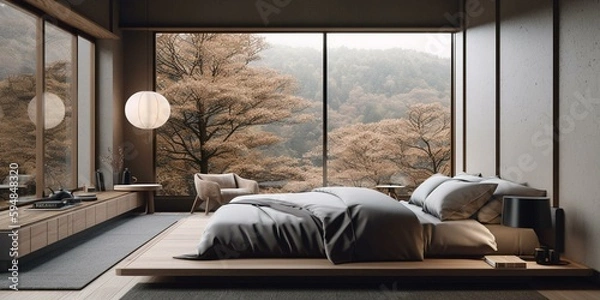 Fototapeta A sophisticated Japanese-inspired Bedroom featuring luxe silk drapes and a floating platform bed, generative ai