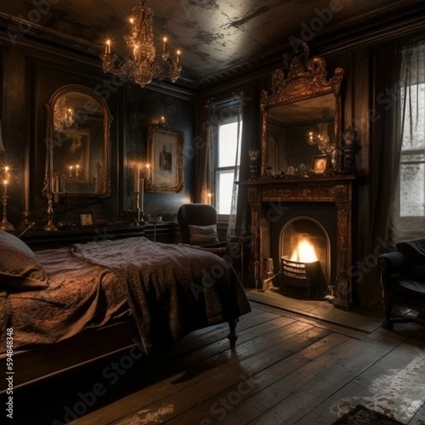 Fototapeta A warm Gothic Bedroom with a cozy fireplace, antique mirrors and dim lighting, generative ai