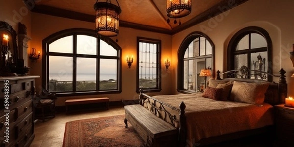 Fototapeta A cozy Mediterranean Bedroom showcasing an ornately wrought iron bed frame and pendant light fixtures, generative ai