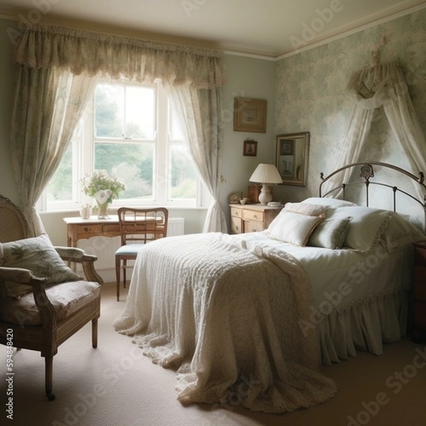 Fototapeta A classic Country Bedroom with a wicker armchair and ruffled curtains, generative ai