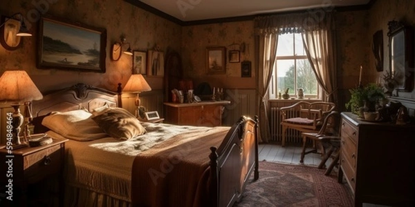 Fototapeta A cozy English Bedroom with a warm brown striped wallpaper, rustic wooden furniture, and cozy woolen tasselled blankets, generative ai