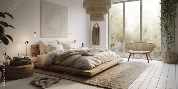 Fototapeta A minimalist Boho Chic Bedroom with a rustic woven rug and subtle crochet touches, generative ai