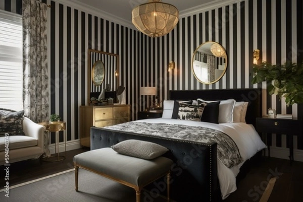 Fototapeta A classic English Bedroom with a timeless black and white stripes wallpaper, elegant white furniture, and gold accents throughout, generative ai