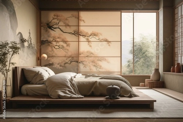 Fototapeta A tranquil Japanese-inspired Bedroom reflecting nature through the use of rice paper textures and earth tones, generative ai