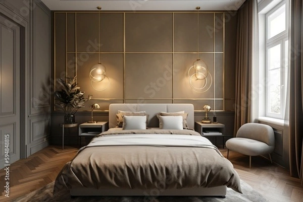 Fototapeta A contemporary bedroom with a sleek and minimalist aesthetic, accentuated by a simple mosaic accent wall and subtle gold metalwork details, generative ai