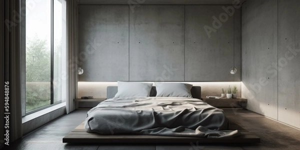Fototapeta A Minimalist Bedroom with Simple Textured Bedding and Sleek Ceramic Table Lamps, emphasizing a Sparse Layout and Monochromatic Tones, generative ai