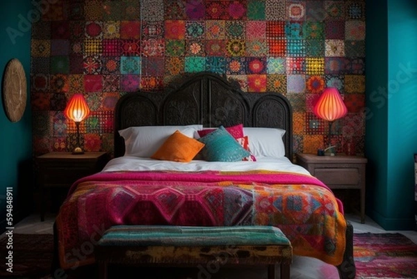 Fototapeta A vibrant bedroom with a playful ambiance, using colorful Moroccan textiles, bold patterns, and a statement mosaic wall as the focal point, generative ai