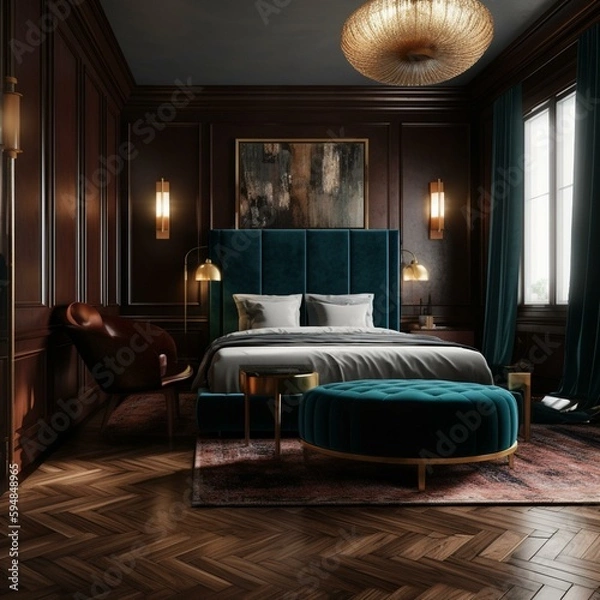Fototapeta A moody Art Deco bedroom that exudes passion and class, featuring exotic woods textures, jewel-tone velvet seating, and dramatic lighting, generative ai