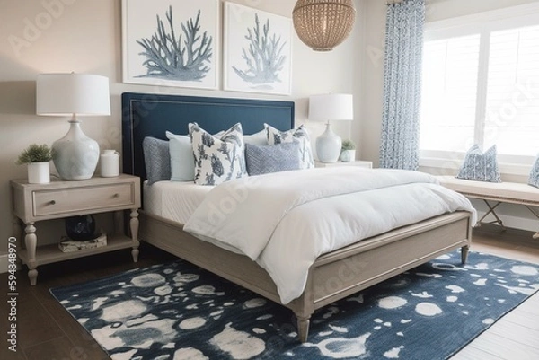 Fototapeta A coastal Nautical Bedroom showcasing a navy blue upholstered bed, whitewashed nightstands, a starfish print rug, and a seaglass pendant light, generative ai
