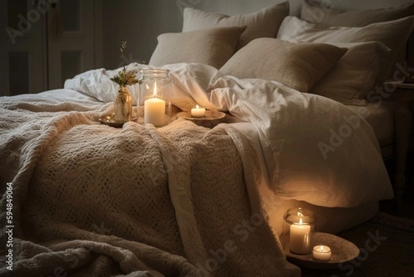 Fototapeta A Romantic Bedroom with Soft Textured Throws and Delicate Ceramic Candle Holders, exuding a Sense of Intimacy and Elegance, generative ai