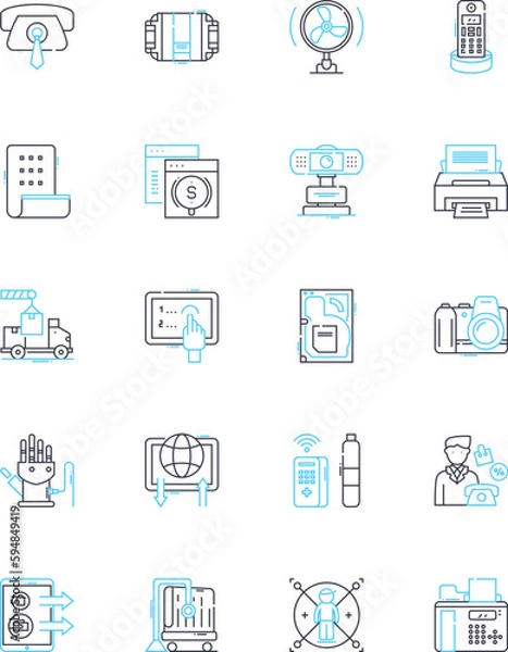 Fototapeta Digital gadgets linear icons set. Smartph, Tablet, Laptop, Computer, Camera, Headphs, Smartwatch line vector and concept signs. Gaming,Virtual,Assistant outline illustrations
