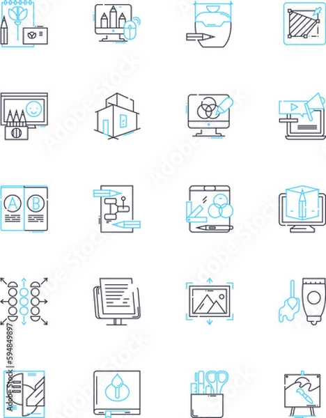 Fototapeta Design economy linear icons set. Innovation, Creativity, Aesthetics, Sustainability, Adaptability, Functionality, User-centered line vector and concept signs. Collaboration,Efficiency,Branding outline
