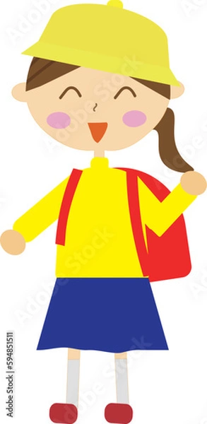 Fototapeta ランドセルを背負って登校している女の子・小学生・イラスト