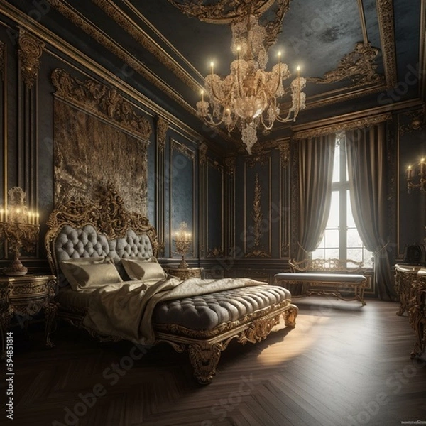 Fototapeta A decadent Baroque Bedroom modeled after the grand palaces of Europe with lavish materials like gilded finishes, silk wall coverings, luxurious lighting and gold decorated furnishings, generative ai
