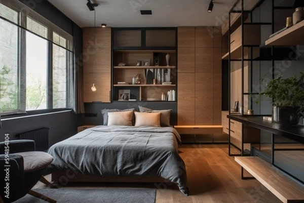 Fototapeta A comfortable and functional Bedroom with ample storage and a mix of wood and metal finishes, generative ai