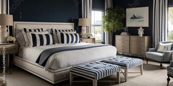Fototapeta A quintessential seaside-inspired Bedroom featuring a classic navy and white stripe scheme, brass anchor decor, and a rope-wrapped headboard for a charming coastal touch, generative ai