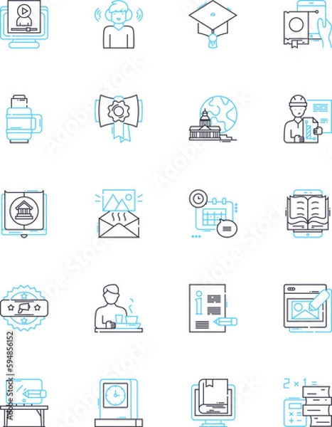 Fototapeta Secondary schooling linear icons set. Curriculum, Electives, Exams, Extracurriculars, Friends, Homework, Learning line vector and concept signs. Mathematics,Opportunities,Teachers Generative AI