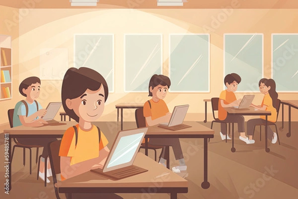 Fototapeta Children with technology tablet and laptop computer in class teacher on background