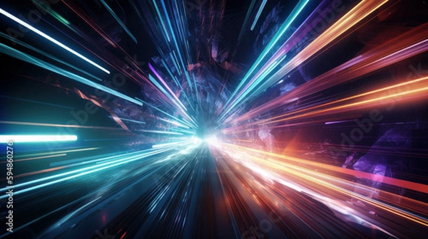 Fototapeta Futuristic illustration of colorful light trails with motion blur effect. Sci-fi sf space. generative AI.