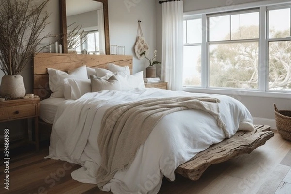 Obraz A calming, beachy bedroom with white linen bedding, driftwood accents, and natural wood floorboards, generative ai