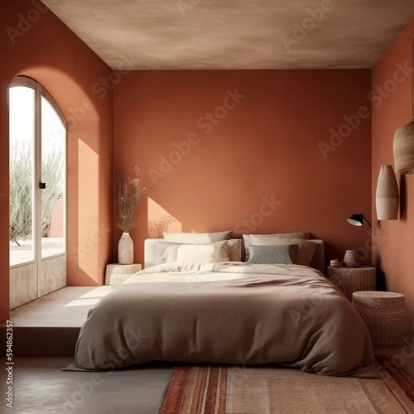 Fototapeta A minimalist Mediterranean Bedroom with neutral terracotta walls and simple, streamlined decor, generative ai