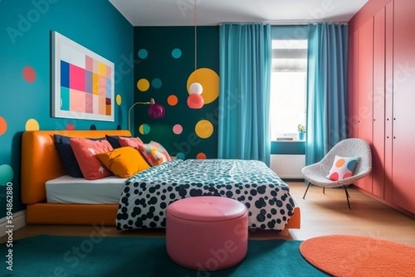 Fototapeta A playful Retro Bedroom with unique pop art accents and bright color scheme for a youthful vibe, generative ai