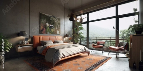 Fototapeta A contemporary and eclectic Bedroom with leather and concrete textures, combining adventurous prints, bold colors, and mixed material furnishings into a stylish whole, generative ai