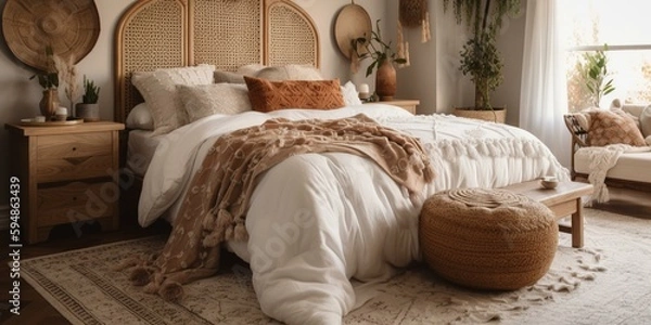 Fototapeta A cozy Boho Chic Bedroom featuring rattan bedside tables and embroidered throw pillows, generative ai