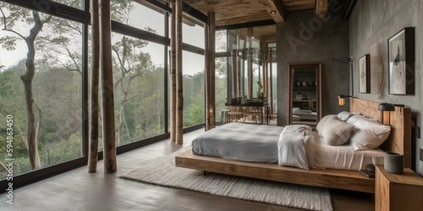 Obraz A rustic Zen Bedroom with natural bamboo accents and muted earthy tones, generative ai